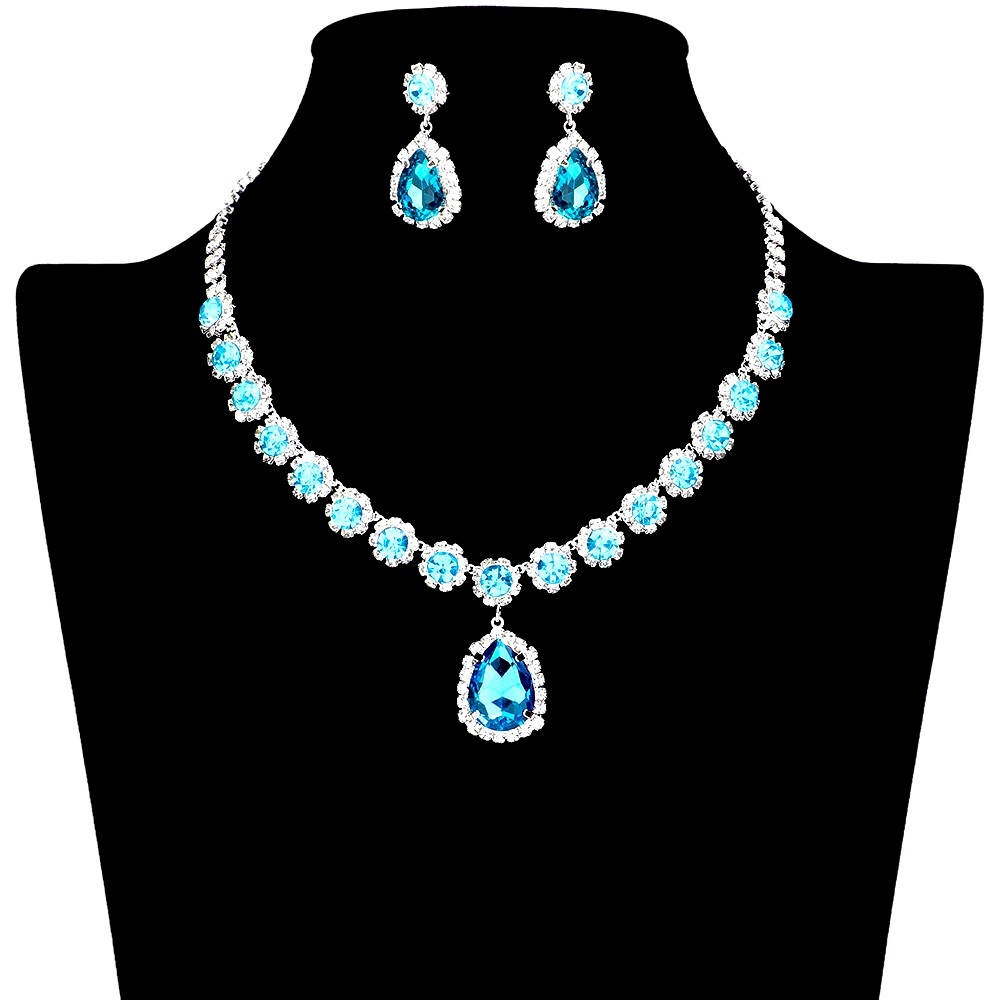 Floral Rhinestone Pave Glass Teardrop Statement Necklace